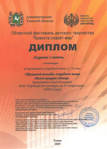Диплом 1 степени Областного фестиваля детского творчества "Красота спасет мир" - Ансамбль "Атака"